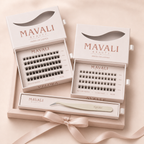 Kit Discovery MAVALI Beauty cu gene false press-on pre-adezivate Avelle și Velora, pensetă non-stick și ambalaj cadou roz.